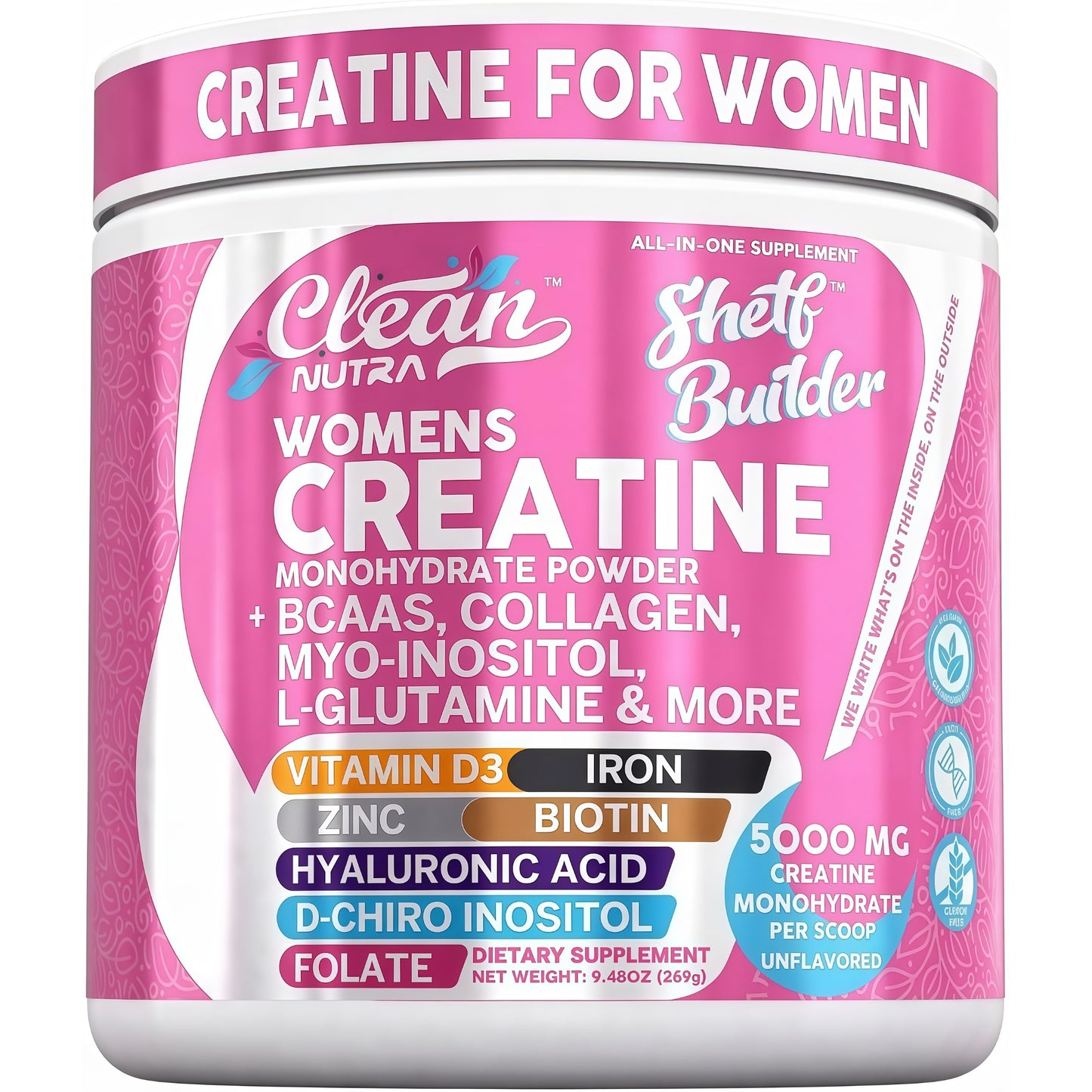 Creatine for Women | Creatine Monohydrate + BCAA Powder Myo-Inositol Collagen Biotin Hyaluronic Acid Folate L Glutamine Vitamin D3 Iron Zinc D-Chiro-Maca Digestion Shelf Builder By Clean Nutra