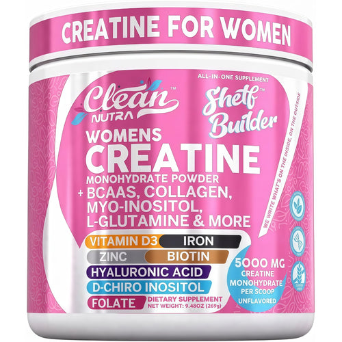 Creatine for Women | Creatine Monohydrate + BCAA Powder Myo-Inositol Collagen Biotin Hyaluronic Acid Folate L Glutamine Vitamin D3 Iron Zinc D-Chiro-Maca Digestion Shelf Builder By Clean Nutra