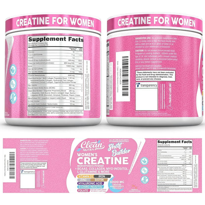 Creatine for Women | Creatine Monohydrate + BCAA Powder Myo-Inositol Collagen Biotin Hyaluronic Acid Folate L Glutamine Vitamin D3 Iron Zinc D-Chiro-Maca Digestion Shelf Builder By Clean Nutra