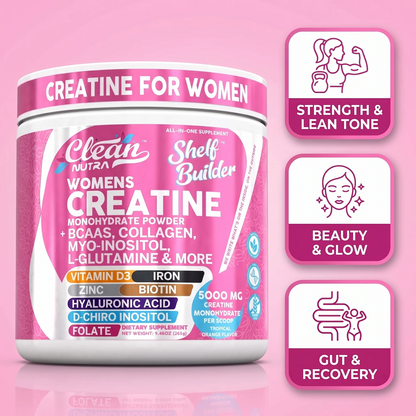 Creatine for Women | Creatine Monohydrate + BCAA Powder Myo-Inositol Collagen Biotin Hyaluronic Acid Folate L Glutamine Vitamin D3 Iron Zinc D-Chiro-Maca Digestion Shelf Builder By Clean Nutra
